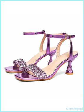 Rhinestone Ankle Strap Heeled Sandals Faux Leather Square Toe Mid-Heel